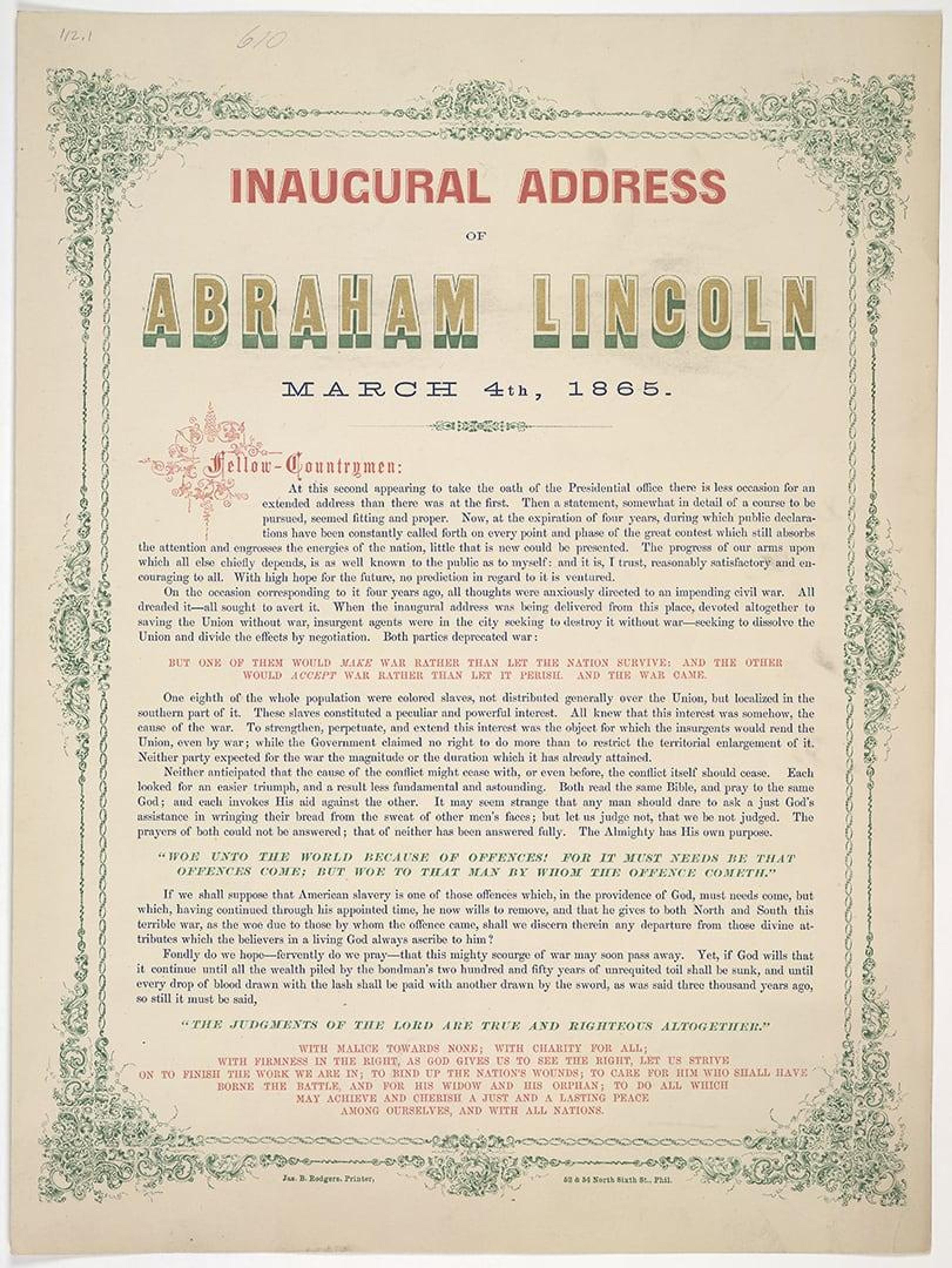 5184 mas 1865 broadside inaugural address of abraham lincoln loc